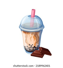 Bubble tea with coffee and choco flavor, black tapioca pearls vector illustration. Cartoon isolated boba milk drink in plastic cup with straw, milky brown sugar cocktail and pieces of chocolate