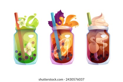 Bubble tea, coffee and cocktail drink with straw and splashes in glass jar. Cartoon vector illustration set of cold or hot beverage with vanilla flowers, orange and autumn leaf, cream foam and pearls.