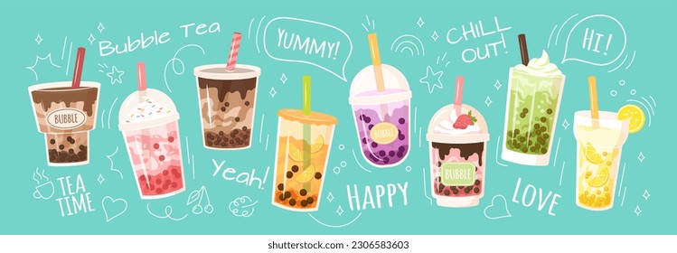 Bubble tea, coffee drink. Doodle cup of ice milk, milkshake in glasses, cute cartoon beverages for cafe menu, dessert ad, cold summer chocolate. Horizontal banner vector fashion background