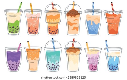 Bubble Tea or Coffee Drinks. Delicious drinks in plastic cups with a tube. Milkshakes with coffee and tea in a cafe. Vector illustration