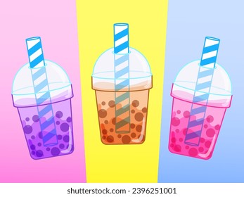 Bubble Tea or Coffee Drinks Isolated on White Background. Pearl Milk Tea, Boba Yummy Beverages in Glass or Plastic Cups with Straw, Graphic Design Collection, Cartoon Vector Illustration