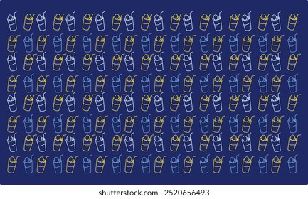  Bubble Tea or Coffee Drinks pattern Isolated on blue Background. Pearl Milk Tea , Boba Yummy Beverages in Glass or Plastic Cups with Straw, Graphic Design Collection, Cartoon Vector Illustration