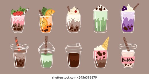 Bubble tea. Coffee and milkshakes with boba balls. Summer cold drink with tapioca pearls. Glass and takeaway plastic cups. Fruit yummy smoothie. Doodle drawing. Cute cartoon isolated illustration