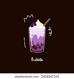 Bubble tea. Coffee and milkshakes with boba balls and blueberry. Summer cold drink with tapioca pearls. Glass and takeaway plastic cups. Fruit yummy smoothie. Doodle cartoon isolated illustration