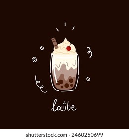 Bubble tea. Coffee and milkshakes with boba balls. Summer cold drink with tapioca pearls. Glass and takeaway plastic cups. Fruit yummy smoothie. Doodle drawing. Cartoon isolated illustration