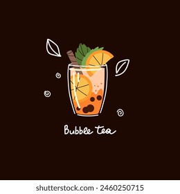 Bubble tea. Coffee and milkshakes with boba balls. Summer cold drink with tapioca pearls. Glass and takeaway plastic cups. Fruit yummy smoothie. Doodle drawing. Cartoon isolated illustration