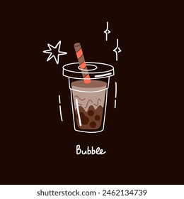 Bubble tea. Coffee and milkshakes with boba balls. Summer cold drink with tapioca pearls. Glass and takeaway plastic cups. Fruit yummy smoothie. Doodle drawing, cartoon isolated illustration