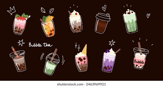 Bubble tea. Coffee and milkshakes with boba balls. Summer cold drink with tapioca pearls. Glass and takeaway plastic cups. Fruit yummy smoothie. Doodle drawing. Cartoon isolated illustration