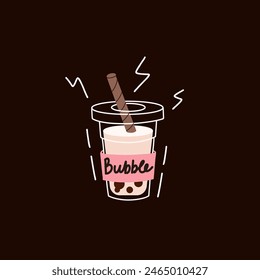 Bubble tea. Coffee and milkshakes with boba balls. Summer cold drink with tapioca pearls. Glass and takeaway plastic cups. Fruit yummy smoothie. Doodle drawing. Cartoon isolated illustration