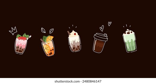 Bubble tea. Coffee and milkshakes with boba balls. Summer cold drink with tapioca pearls. Glass and takeaway plastic cups. Fruit yummy smoothie. Doodle drawing. Cartoon isolated illustration