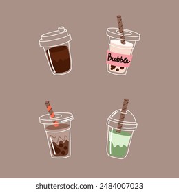 Bubble tea. Coffee and milkshakes with boba balls. Summer cold drink with tapioca pearls. Glass and takeaway plastic cups. Fruit yummy smoothie. Doodle drawing. Cartoon isolated illustration