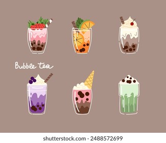 Bubble tea. Coffee and milkshakes with boba balls. Summer cold drink with tapioca pearls. Glass and takeaway plastic cups. Fruit yummy smoothie. Doodle drawing. Cartoon isolated illustration