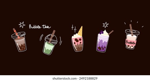 Bubble tea. Coffee and milkshakes with boba balls. Summer cold drink with tapioca pearls. Glass and takeaway plastic cups. Fruit yummy smoothie. Doodle drawing, cartoon isolated illustration