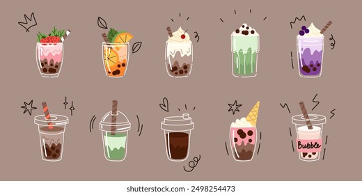 Bubble tea. Coffee and milkshakes with boba balls. Summer cold drink with tapioca pearls. Glass and takeaway plastic cups. Fruit yummy smoothie. Doodle drawing. Cartoon isolated illustration