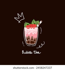 Bubble tea. Coffee and strawberry milkshake with boba balls. Summer cold drink with tapioca pearls. Glass cup. Fruit yummy smoothie. Doodle drawing. Menu card or poster. Cartoon isolated illustration