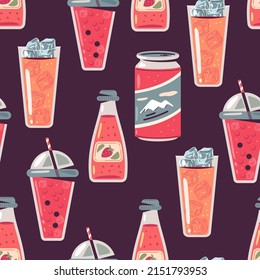 Bubble tea and cold drink cocktails vector cartoon seamless pattern background for wallpaper, wrapping, packing, and backdrop.