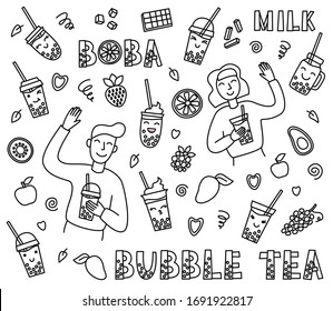 Bubble tea collection with cute people, set fruit, lettering. Young girl and boy characters holding cup with milk tea with tapioca pearls. Vector illustration in doodle style, black and white