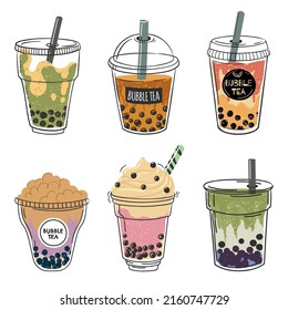 Bubble tea collection, drink in plastic cup with straw. Drink cup cold tea beverage illustration, sweet summer juice smoothie vector