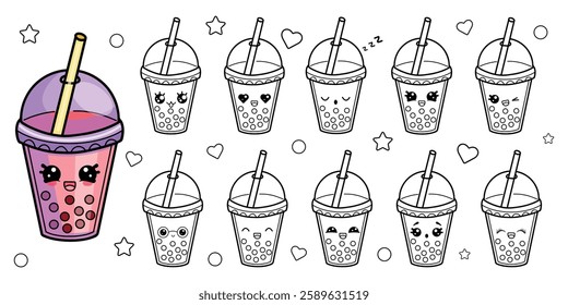 Bubble tea coloring pages set. Various emotions in Kawaii style. Vector coloring of characters