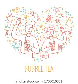 Bubble tea concept characters. People hold plastic cup with drink and wave their hands. Funny girl and young man and fruits, elements. Couple in heart. Сartoon linear vector illustration
