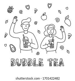 Bubble tea concept with cute people.  Happy young girl and boy characters holding cup with milk tea with tapioca pearls. Vector illustration in doodle style, black and white.