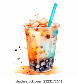 Bubble tea cup with a big straw. Watercolor vector illustration