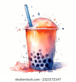 Bubble tea cup with a big straw. Watercolor vector illustration