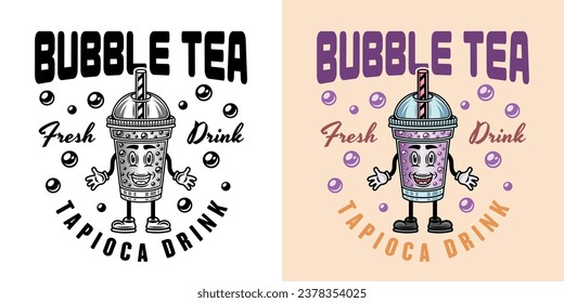 Bubble tea cup cartoon character vector emblem in two styles black on white background and colorful. Hand drawn. Not AI generated