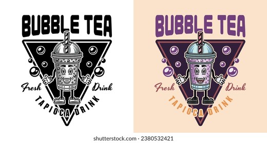 Bubble tea cup cartoon character vector emblem in two styles black on white background and colorful. Hand drawn. Not AI generated