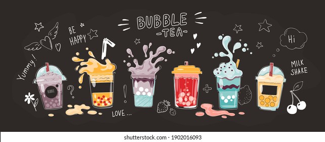 Bubble tea cup. Cartoon hand drawn poster of sweet drinks. Full glasses and splashing liquid. Collection of yummy milk shakes or cocktails. Black horizontal banner with lettering. Vector menu template