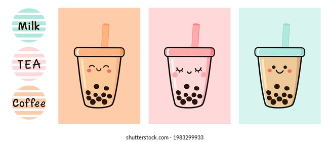 Bubble tea cup cartoons and circle sign stickers on white background vector illustration.