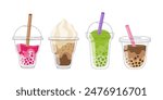 Bubble tea cup design collection, Pearl milk tea, Yummy drinks, coffee, milkshakes, espresso, latte or juice cocktail. Boba milk tea ads with delicious tapioca and pearl. Cartoon Vector Illustration.