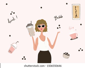 Bubble tea cup design collection with Girl and Pearl milk tea , Yummy drinks, coffees and soft drinks with doodle style banner  