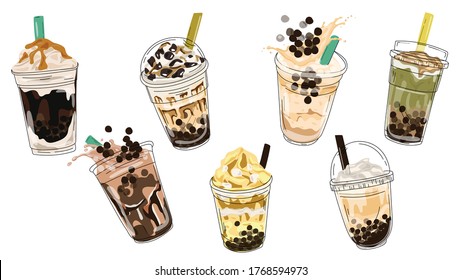 Bubble tea cup design collection, Pearl milk tea, Taiwan milk tea,Yummy drinks, coffees and soft drinks with doodle style set. - Vector