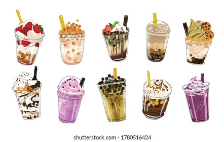 Bubble tea cup design collection, Pearl milk tea, Taiwan milk tea,Yummy drinks, coffees and soft drinks with doodle style set. - Vector