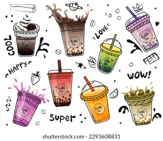 Bubble tea cup design collection. Pearl milk tea , Boba milk tea, Yummy drinks, coffees with doodle style banner