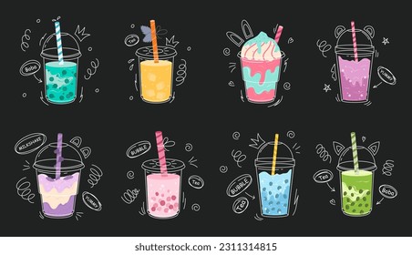 Bubble tea cup design collection, Yummy drinks, soft drinks with doodle style banner, Bubble milk tea ads with delicious tapioca and pearl, bubble tea menu graphic template. Vector stock illustration