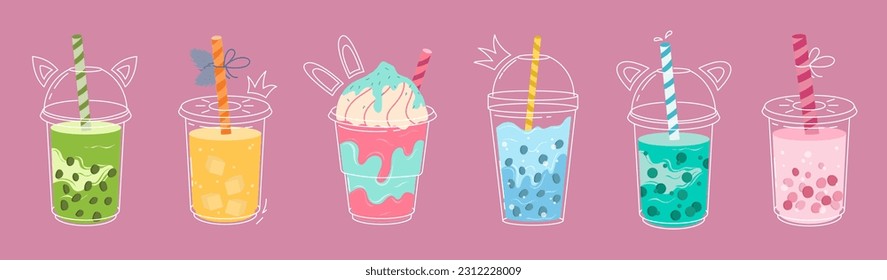 Bubble tea cup design collection, Pearl milk tea, Yummy drinks, coffees and soft drinks with doodle style banner. Colorful flat vector illustration. Boba Yummy Beverages in Glass or Plastic Cups.