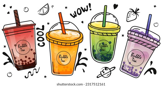 Bubble tea cup design collection. Pearl milk tea , Boba milk tea, Yummy drinks, coffees with doodle style banner