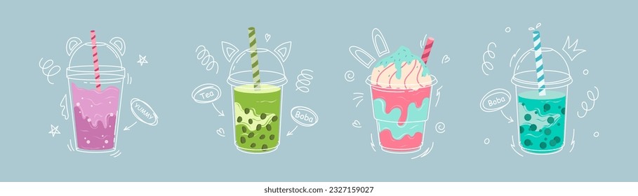 Bubble tea cup design collection, Pearl milk tea, Yummy drinks, milkshake and soft drinks with doodle style banner. Bubble milk tea ads with delicious tapioca and pearl. Cartoon Vector Illustration. 