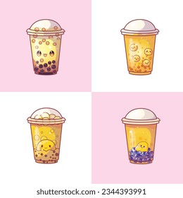 Bubble tea cup design collection, Pearl milk tea, Taiwan milk tea,Yummy drinks, coffees and soft drinks with doodle style set. - Vector
