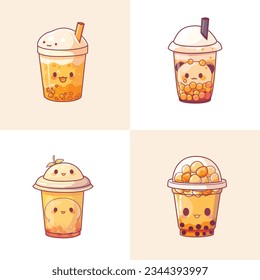 Bubble tea cup design collection, Pearl milk tea, Taiwan milk tea,Yummy drinks, coffees and soft drinks with doodle style set. - Vector