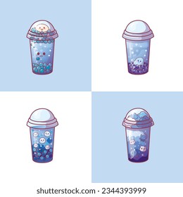 Bubble tea cup design collection, Pearl milk tea, Taiwan milk tea,Yummy drinks, coffees and soft drinks with doodle style set. - Vector