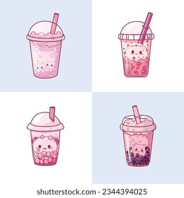 Bubble tea cup design collection, Pearl milk tea, Taiwan milk tea,Yummy drinks, coffees and soft drinks with doodle style set. - Vector