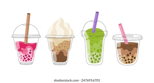 Bubble tea cup design collection, Pearl milk tea, Yummy drinks, coffee, milkshakes, espresso, latte or juice cocktail. Boba milk tea ads with delicious tapioca and pearl. Cartoon Vector Illustration.