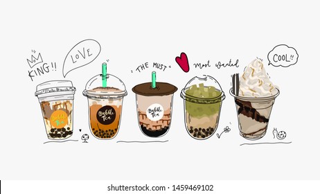 Bubble tea cup design collection,Pearl milk tea , Yummy drinks, coffees and soft drinks with doodle style banner . - Vector