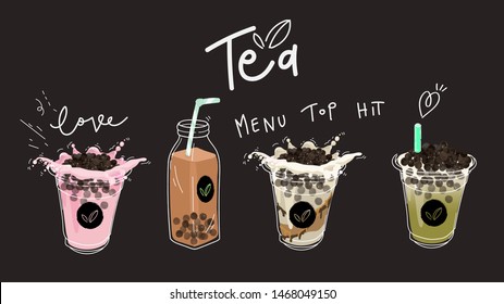 Bubble tea cup design collection,Pearl milk tea , Yummy drinks, coffees and soft drinks with doodle style banner . - Vector