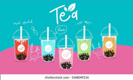 Bubble tea cup design collection,Pearl milk tea , Yummy drinks, coffees and soft drinks with doodle style banner . - Vector