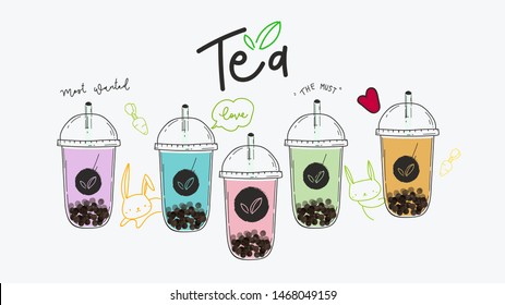 Bubble tea cup design collection,Pearl milk tea , Yummy drinks, coffees and soft drinks with doodle style banner . - Vector