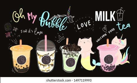 Bubble tea cup design collection,Pearl milk tea , Yummy drinks, coffees and soft drinks with doodle style banner . - Vector